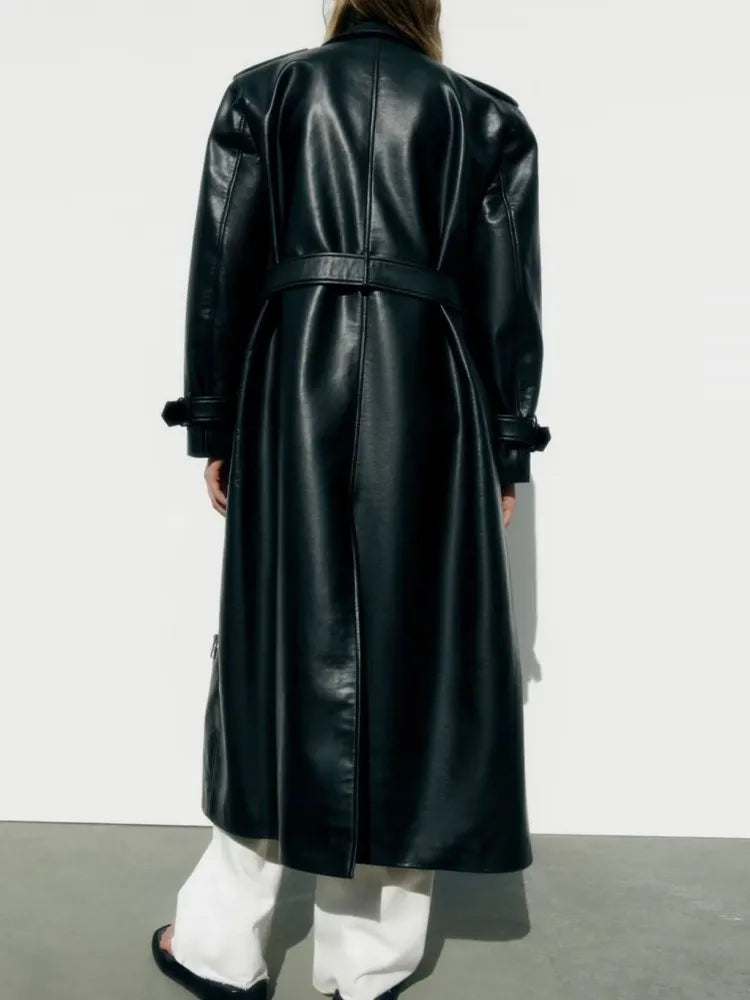 Mid Length Lapel Style Trendy and Retro Hong Kong Style Faux Leather Trench Coat