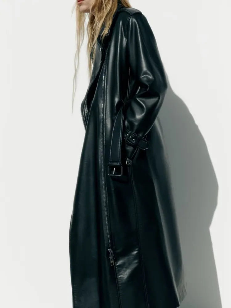 Mid Length Lapel Style Trendy and Retro Hong Kong Style Faux Leather Trench Coat