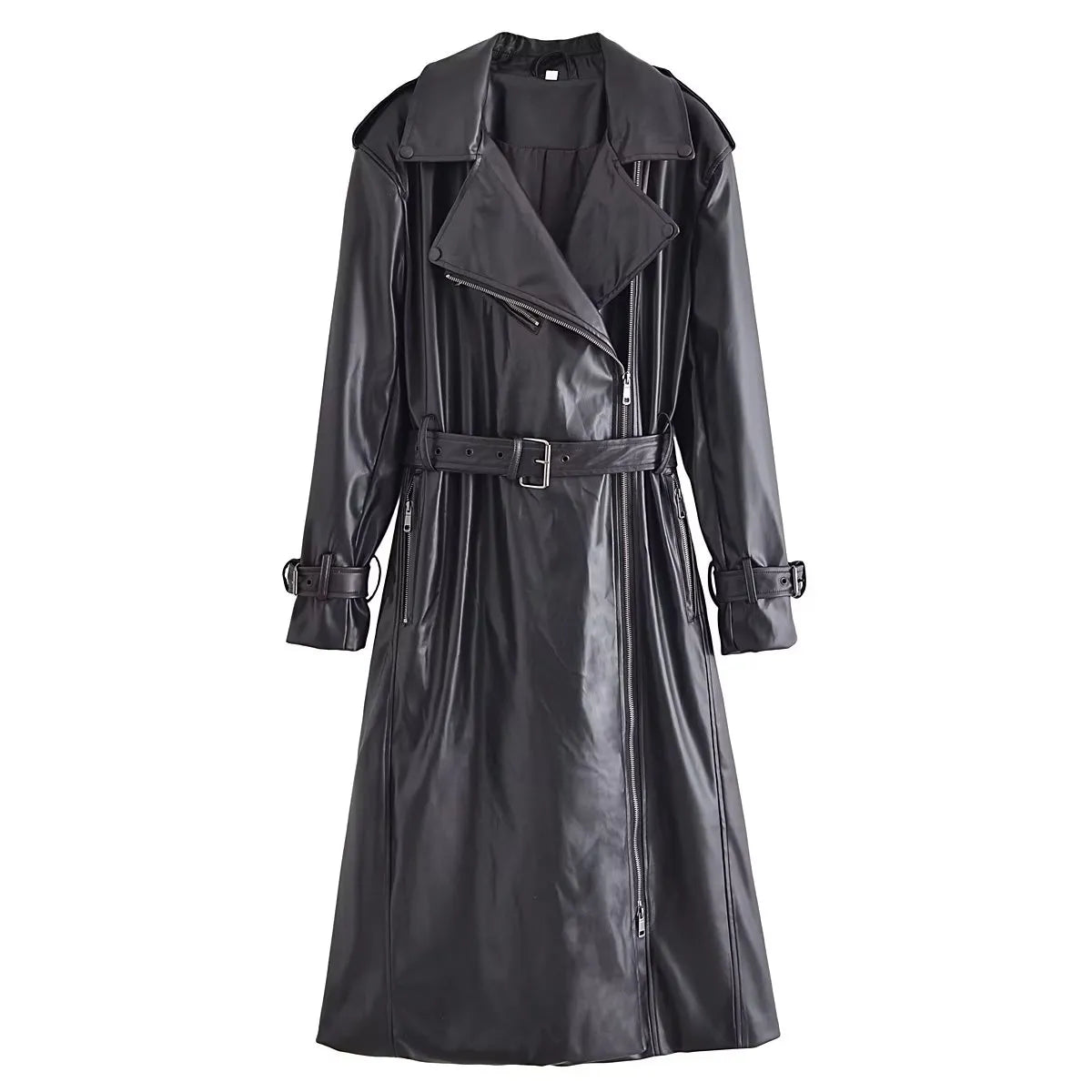 Mid Length Lapel Style Trendy and Retro Hong Kong Style Faux Leather Trench Coat black