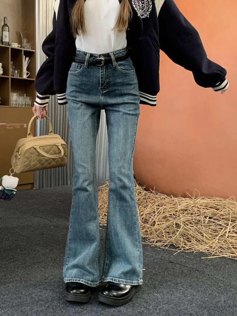 Mid Waist Stretch Flare Jeans Women Denim Pants Wide Leg Butt-lifted Casual Korean Style Skinny Bell Bottom Pocket Trousers