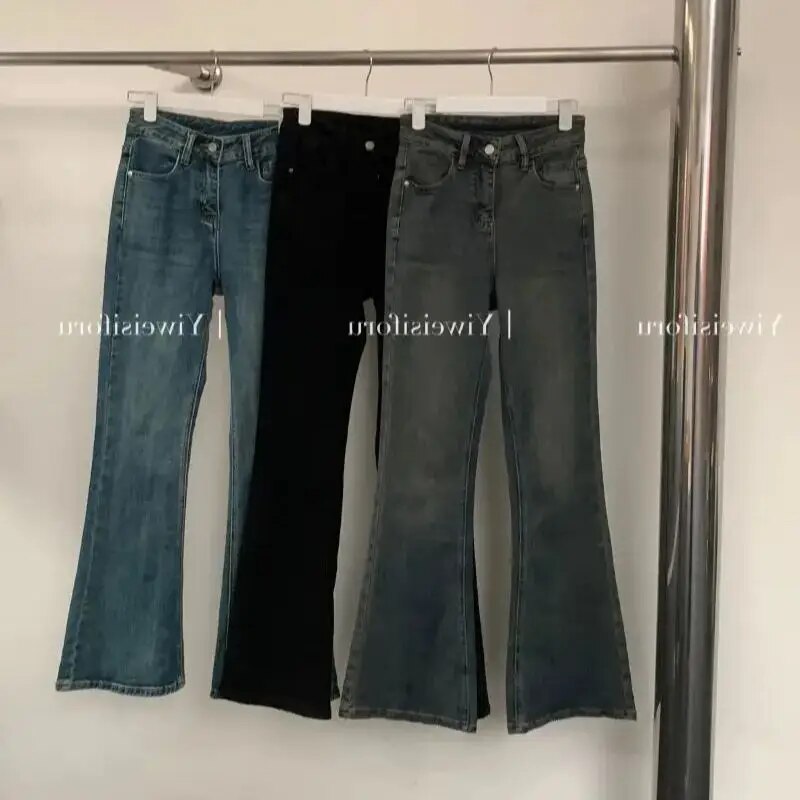 Mid Waist Stretch Flare Jeans Women Denim Pants Wide Leg Butt-lifted Casual Korean Style Skinny Bell Bottom Pocket Trousers