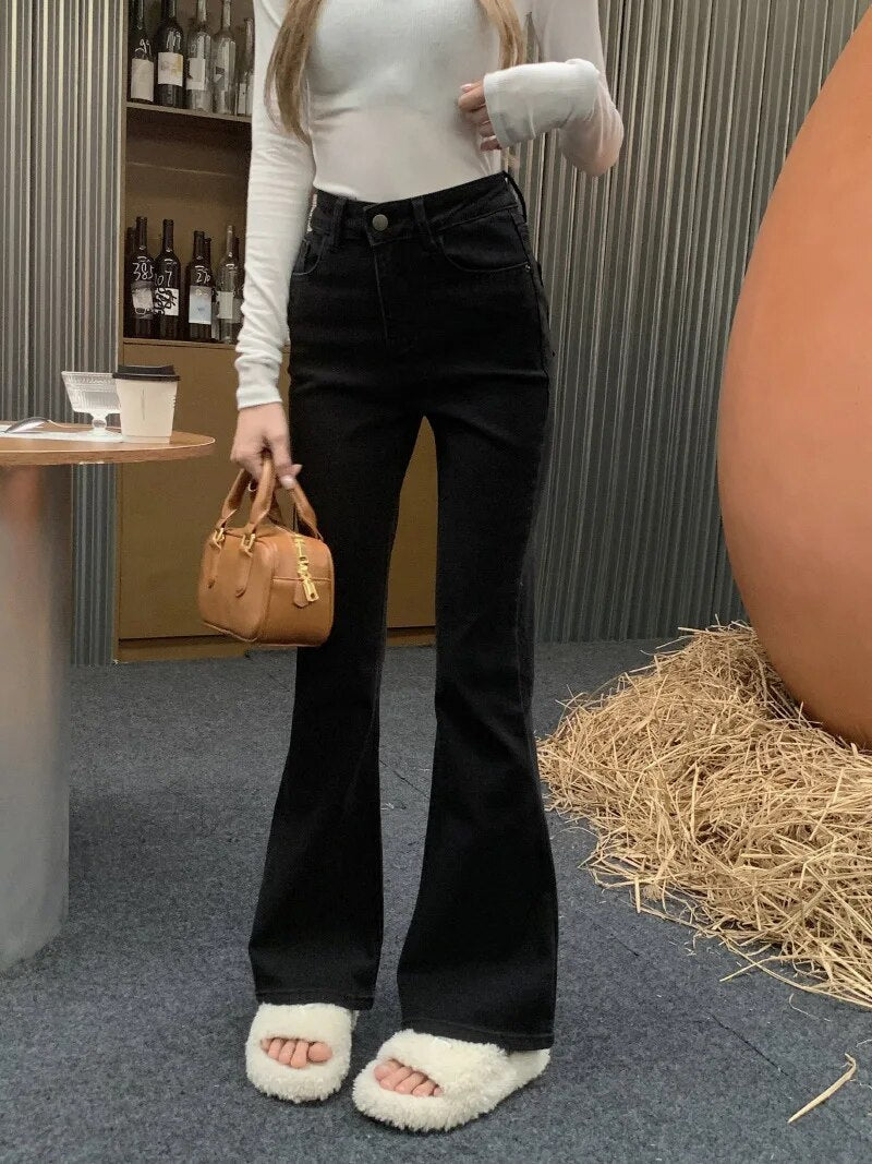 Mid Waist Stretch Flare Jeans Women Denim Pants Wide Leg Butt-lifted Casual Korean Style Skinny Bell Bottom Pocket Trousers