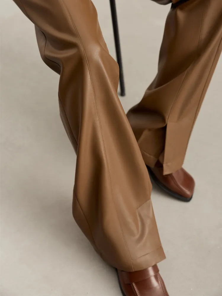 Minimalist PU Leather Casual Pants for Women Autumn Loose Floor Length Straight Slit Female Trousers