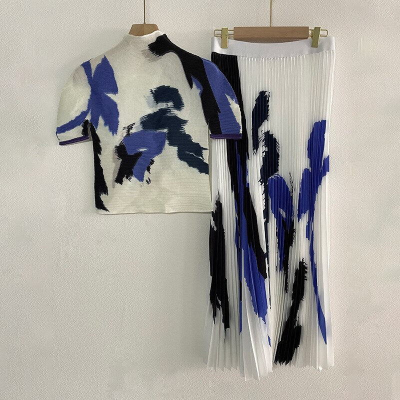 Miyake Pleated Suit Women's 2024 Spring New Fashion Printing All-match Loose And Elegant Slim Top&Skirt 2 Pcs Set Blue One Size