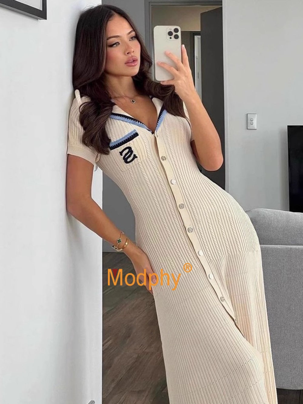 Modphy 2024 Elegant Slim Knitted Long Dress Women's Single breasted Long sleeved Designer Slim Vintage Dresses Autumn