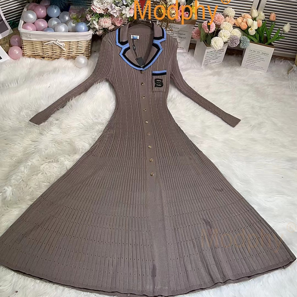 Modphy 2024 Elegant Slim Knitted Long Dress Women's Single breasted Long sleeved Designer Slim Vintage Dresses Autumn Brown Long Sleeve