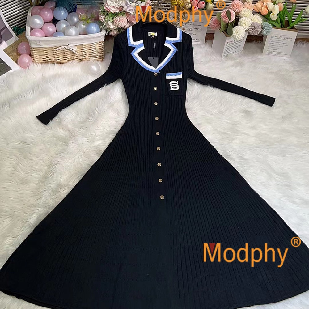 Modphy 2024 Elegant Slim Knitted Long Dress Women's Single breasted Long sleeved Designer Slim Vintage Dresses Autumn Black Long Sleeves