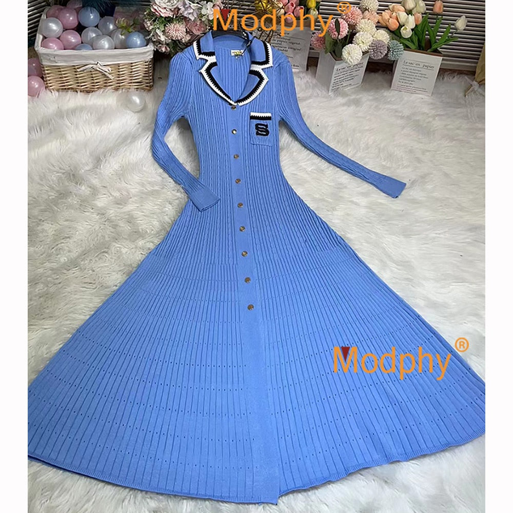 Modphy 2024 Elegant Slim Knitted Long Dress Women's Single breasted Long sleeved Designer Slim Vintage Dresses Autumn Blue Long sleeved
