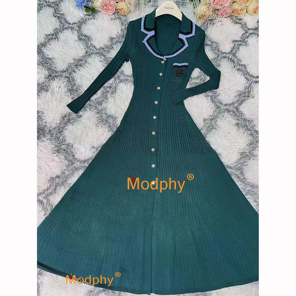 Modphy 2024 Elegant Slim Knitted Long Dress Women's Single breasted Long sleeved Designer Slim Vintage Dresses Autumn green Long Sleeve