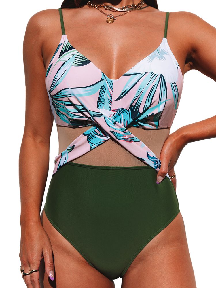 Monokini Swimwear Sexy Mesh Patchwork Cross Front Padded Top With High Waisted Bottom Beach Bathing Suit One Piece SY443364