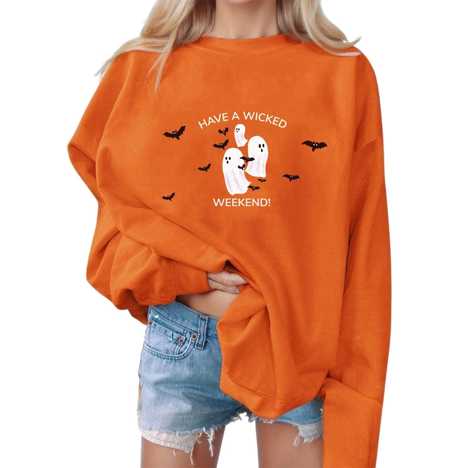Monsters Printing Sweatshirt Halloween Sweatshirts Grimace Sweater Round Neck Women Sweatshirts Long Sleeve Vacation Sudadera Orange