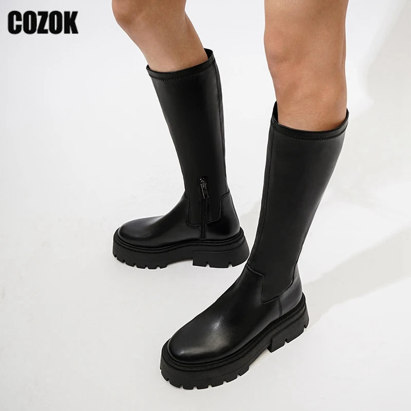 Motorcycle Knee High Boots Women Gothic Black 2023 Zipper Thick Sole Female Platform Flats Ladies Shoes Punk Side Zipper Knight