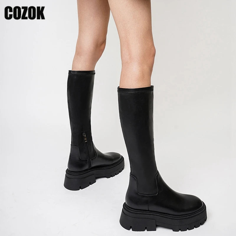 Motorcycle Knee High Boots Women Gothic Black 2023 Zipper Thick Sole Female Platform Flats Ladies Shoes Punk Side Zipper Knight