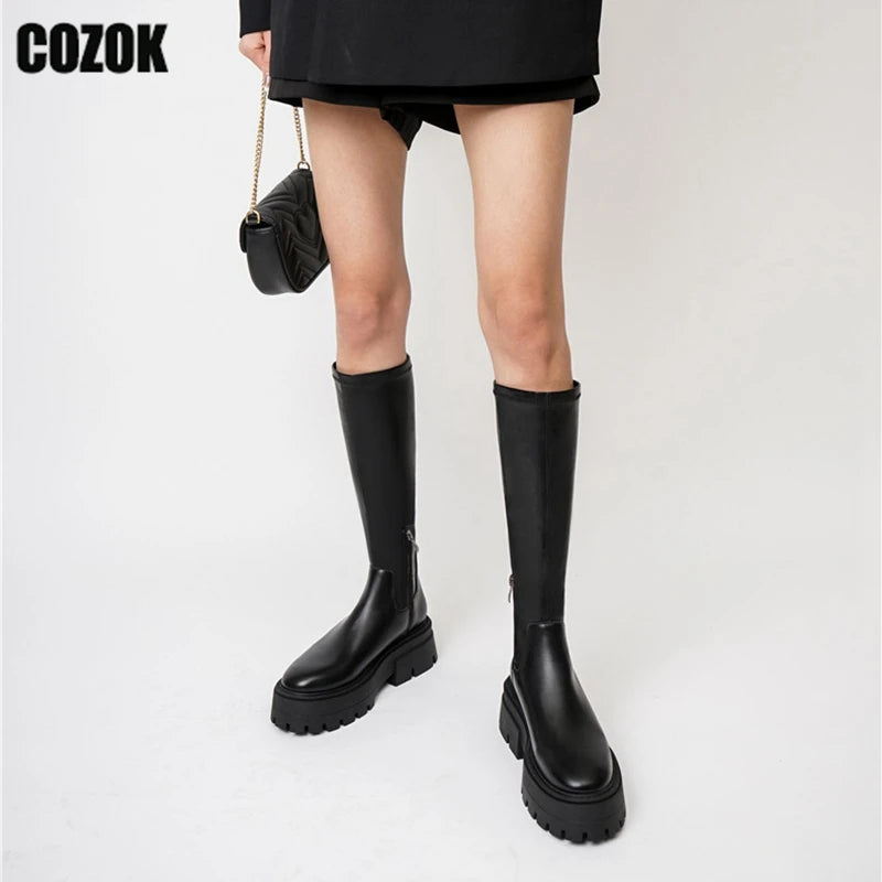 Motorcycle Knee High Boots Women Gothic Black 2023 Zipper Thick Sole Female Platform Flats Ladies Shoes Punk Side Zipper Knight