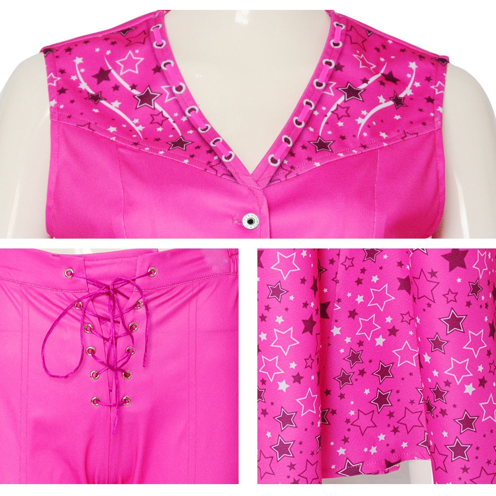 Movie Margot Robbie Barbie Costume Sexy Starry Pink Vest Top Pants Scarf Suit For Women Ladies Halloween Carnival Party Clothes