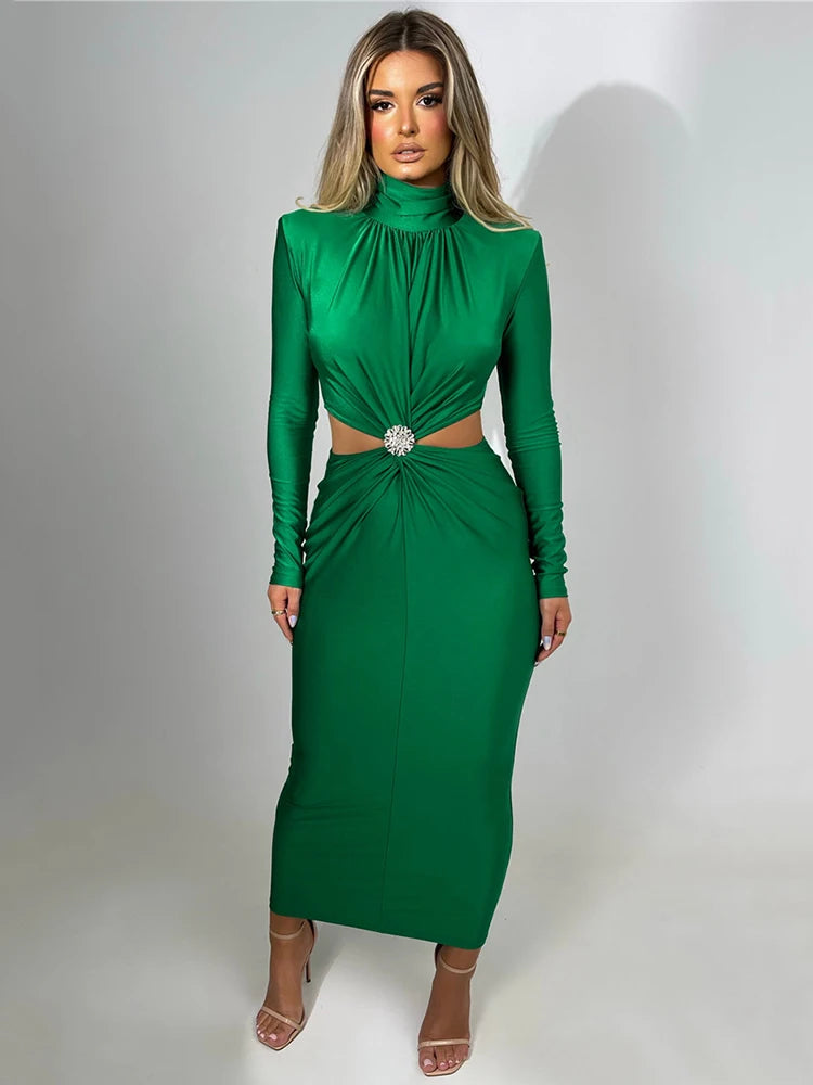 Elegant Hollow Out Sexy Maxi Dress For Women Autumn Winter New Turtleneck Long Sleeve Bodycon Club Party Evening Dress Green
