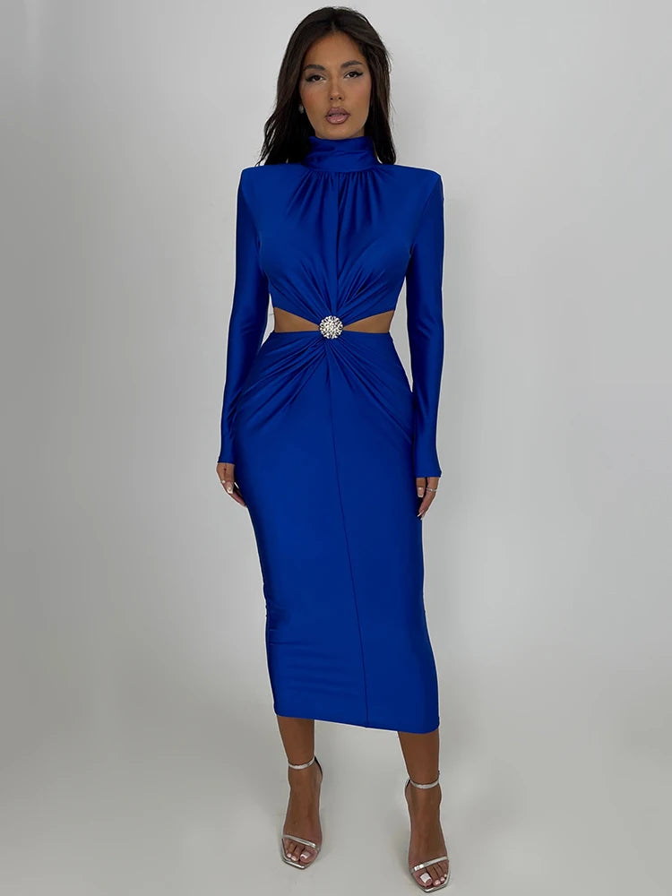 Elegant Hollow Out Sexy Maxi Dress For Women Autumn Winter New Turtleneck Long Sleeve Bodycon Club Party Evening Dress Blue