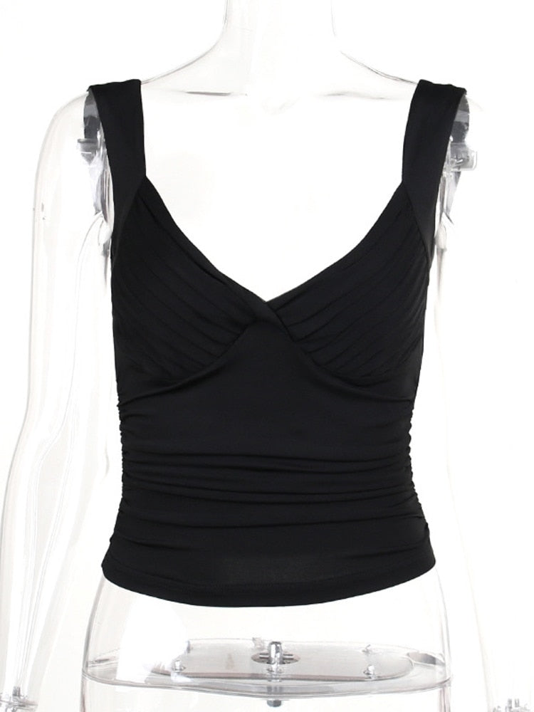 Stretch Pleated Cups Pretty Sexy Tops Women V Neck Sleeveless Backless Tank Tops Female Skinny Sexy Party Crop Tops Black