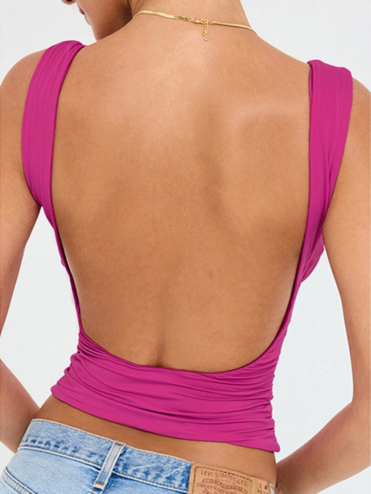 Stretch Pleated Cups Pretty Sexy Tops Women V Neck Sleeveless Backless Tank Tops Female Skinny Sexy Party Crop Tops