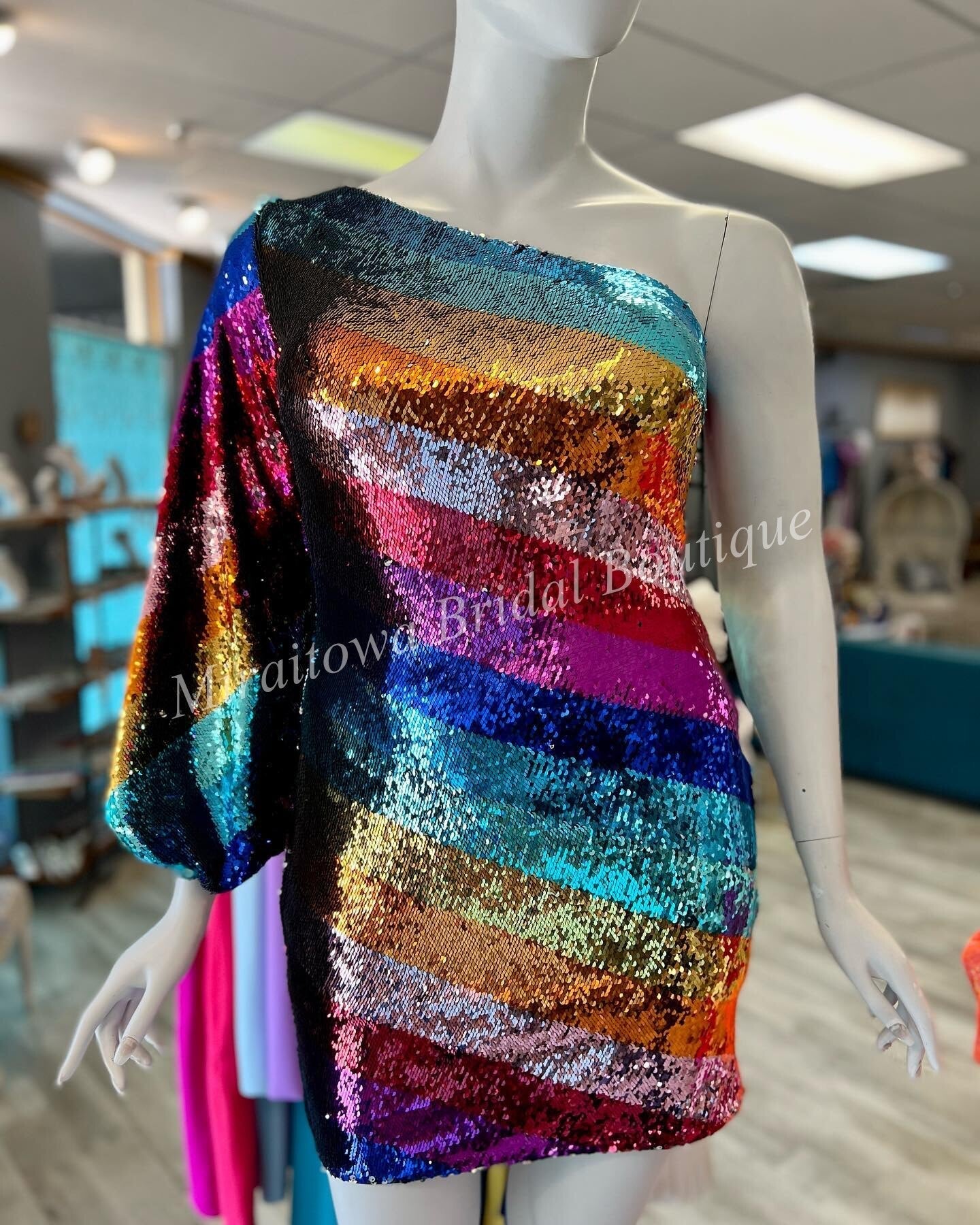 Multicolor Cocktail NYE Dress 2024 One Long Sleeve Rainbow Sequins Lady Formal Event Mini Party Gown Club Night Out Hoco Gala