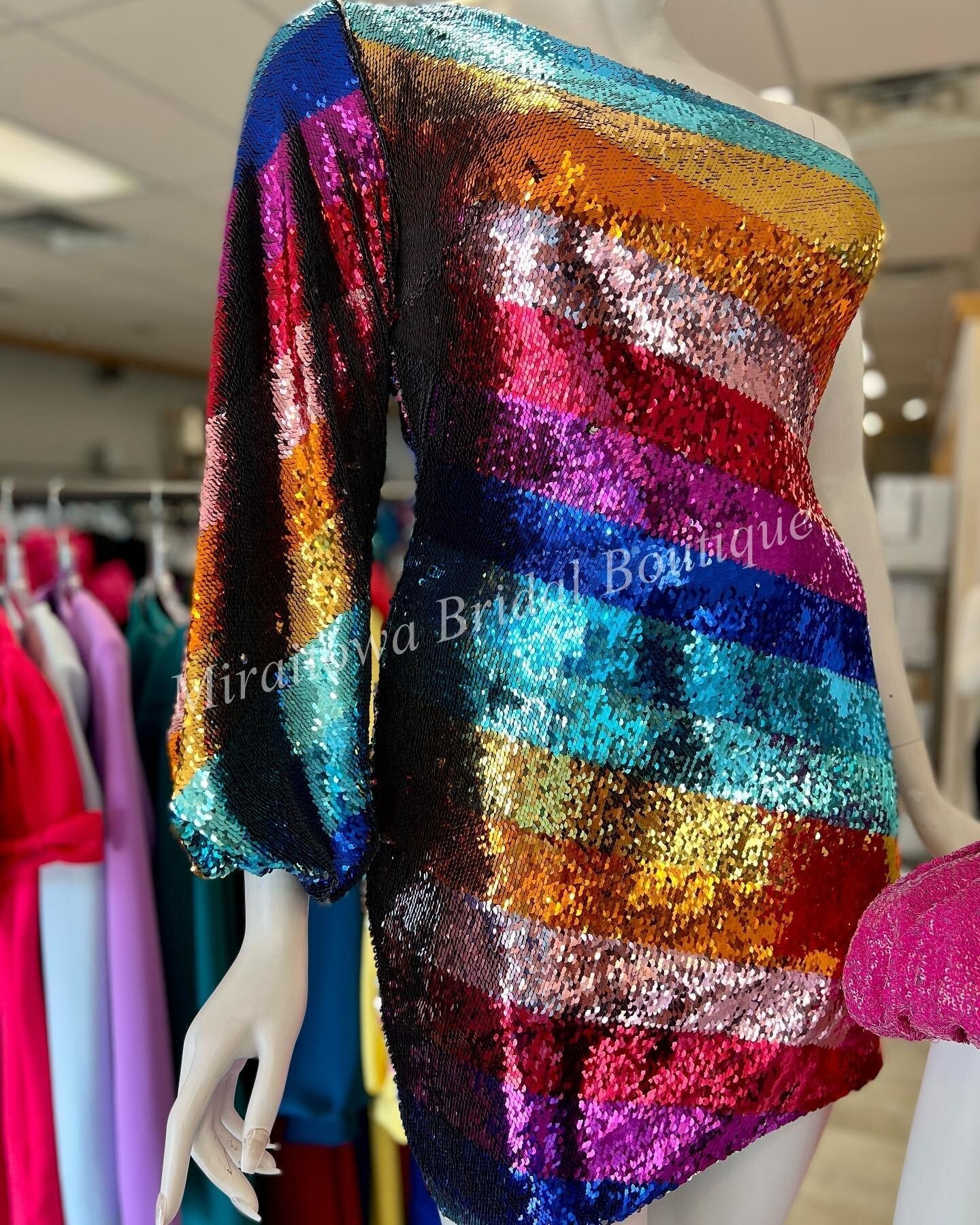 Multicolor Cocktail NYE Dress 2024 One Long Sleeve Rainbow Sequins Lady Formal Event Mini Party Gown Club Night Out Hoco Gala