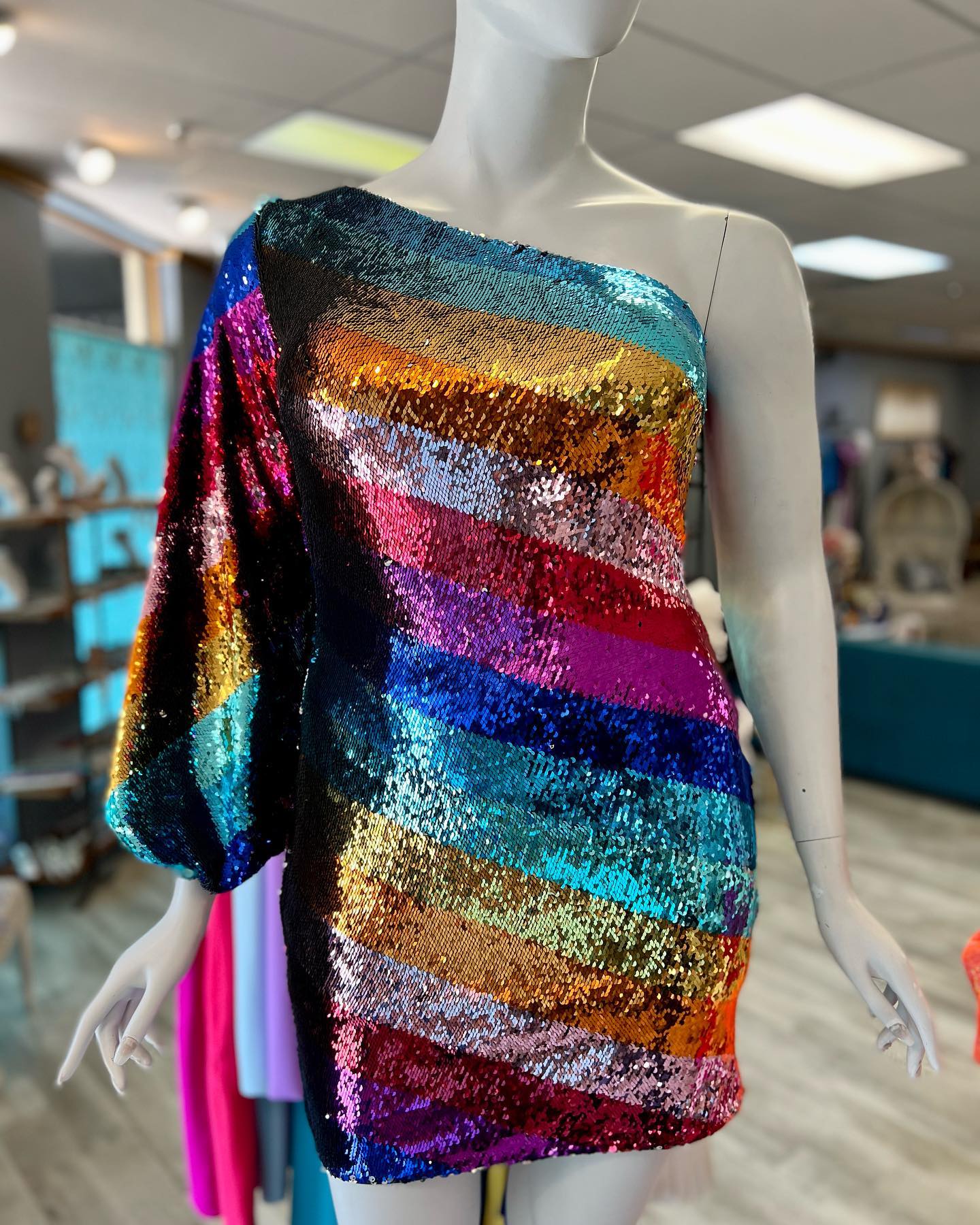 Multicolor Cocktail NYE Dress 2024 One Long Sleeve Rainbow Sequins Lady Formal Event Mini Party Gown Club Night Out Hoco Gala
