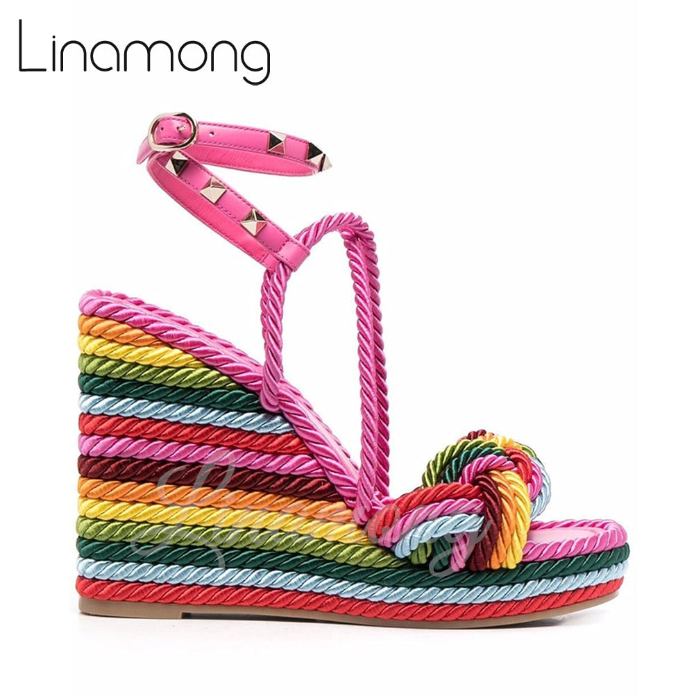 Multicolor Hemp Rope Rivet Espadrilles Strap Platform Wedge Summer Sandals for Women Designer Style Fashion Sandals