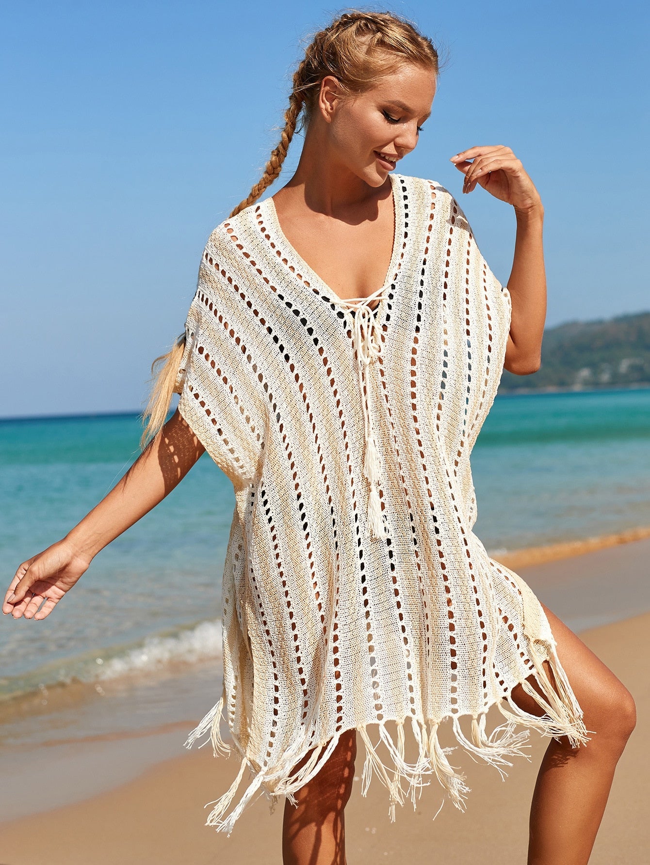 NEW Knitted Beach Cover Up - White Beach Tunic Sexy Fringe Summer Sundress Holiday Casual Bikini Pareo Tassel Sea Outlet Default Title