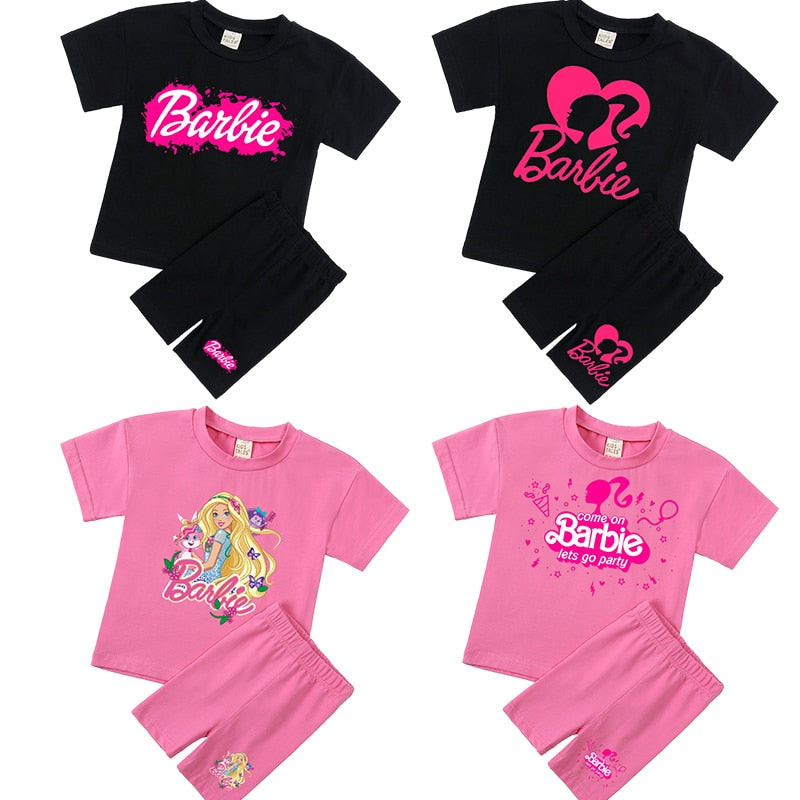 New 2Pcs Kawaii Barbie T-Shirt Shorts Suit Anime Girls Boys Baby Kid Summer Casual Loose Soft Short Sleeve Pants Sportswear Gift