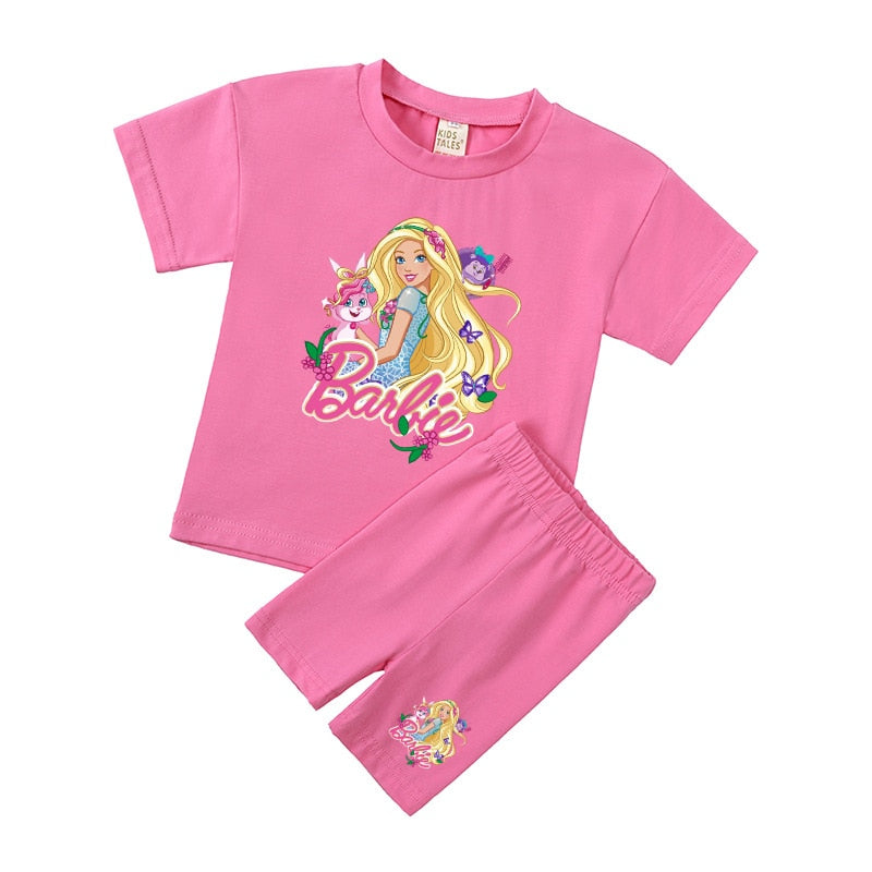New 2Pcs Kawaii Barbie T-Shirt Shorts Suit Anime Girls Boys Baby Kid Summer Casual Loose Soft Short Sleeve Pants Sportswear Gift