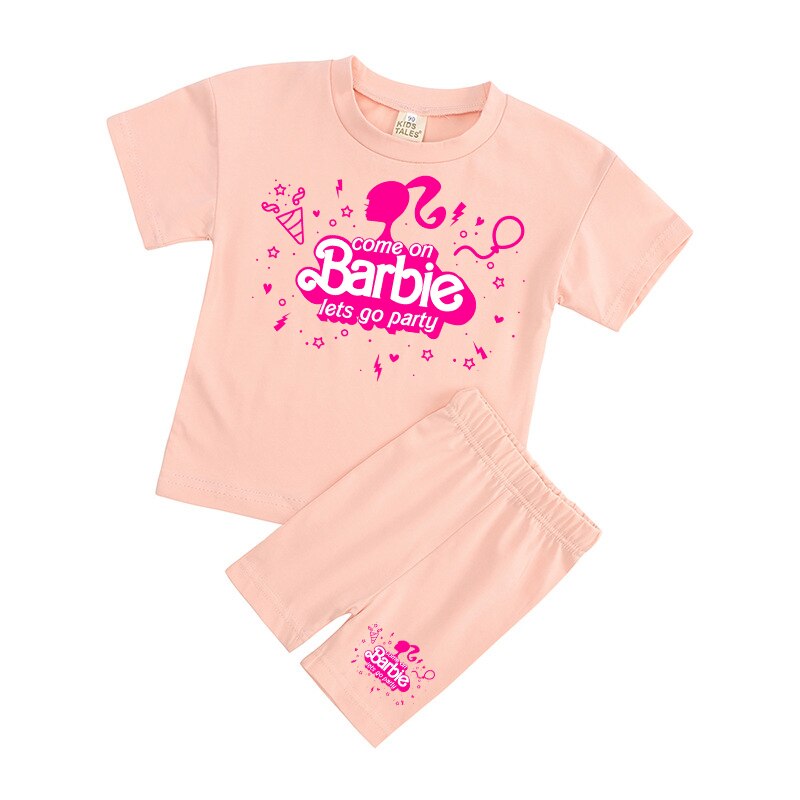 New 2Pcs Kawaii Barbie T-Shirt Shorts Suit Anime Girls Boys Baby Kid Summer Casual Loose Soft Short Sleeve Pants Sportswear Gift