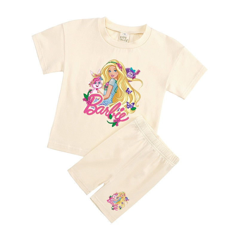 New 2Pcs Kawaii Barbie T-Shirt Shorts Suit Anime Girls Boys Baby Kid Summer Casual Loose Soft Short Sleeve Pants Sportswear Gift