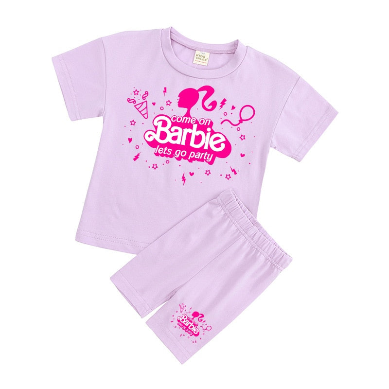 New 2Pcs Kawaii Barbie T-Shirt Shorts Suit Anime Girls Boys Baby Kid Summer Casual Loose Soft Short Sleeve Pants Sportswear Gift
