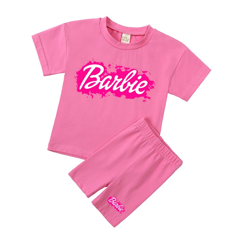New 2Pcs Kawaii Barbie T-Shirt Shorts Suit Anime Girls Boys Baby Kid Summer Casual Loose Soft Short Sleeve Pants Sportswear Gift 1