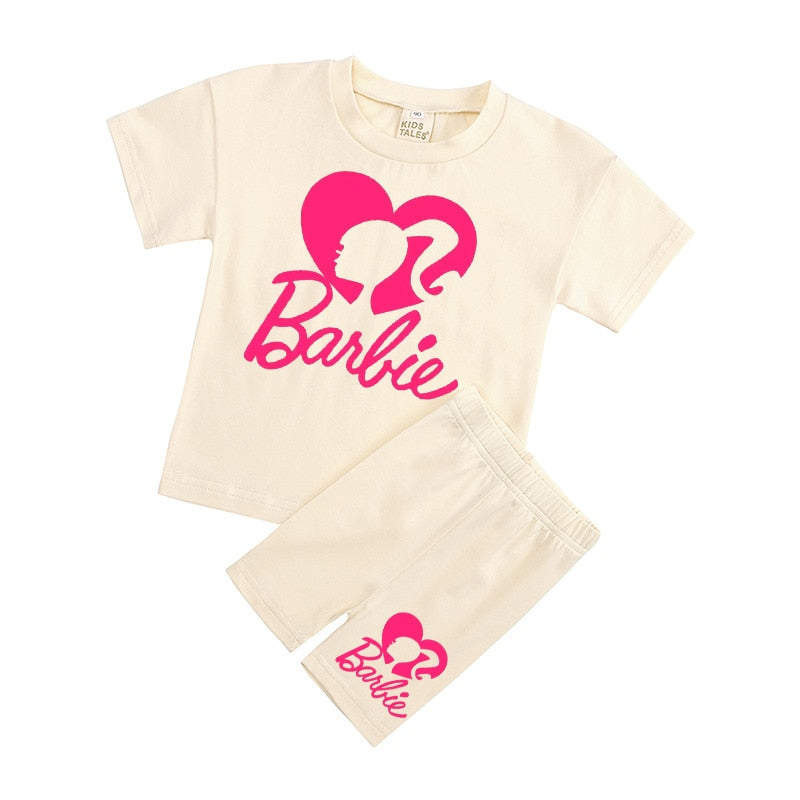 New 2Pcs Kawaii Barbie T-Shirt Shorts Suit Anime Girls Boys Baby Kid Summer Casual Loose Soft Short Sleeve Pants Sportswear Gift