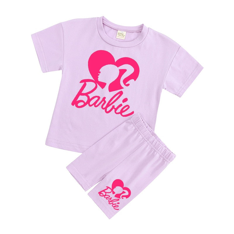 New 2Pcs Kawaii Barbie T-Shirt Shorts Suit Anime Girls Boys Baby Kid Summer Casual Loose Soft Short Sleeve Pants Sportswear Gift