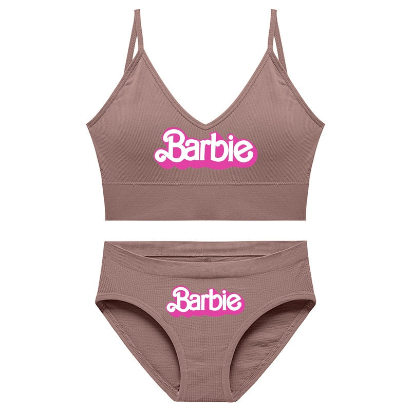 New 2Pcs/set Barbie Underwear Set for Women Anime Kawaii Girl Soft No Steel Ring Sports Bra Seamless Briefs Underpants Intimates 3