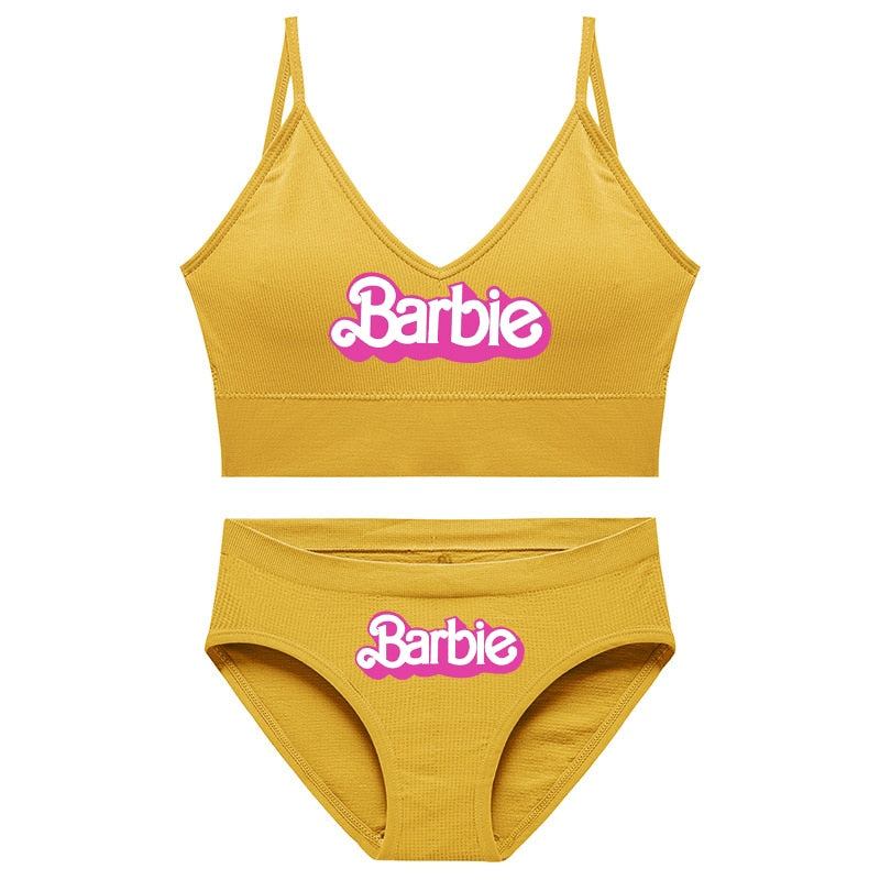New 2Pcs/set Barbie Underwear Set for Women Anime Kawaii Girl Soft No Steel Ring Sports Bra Seamless Briefs Underpants Intimates 10