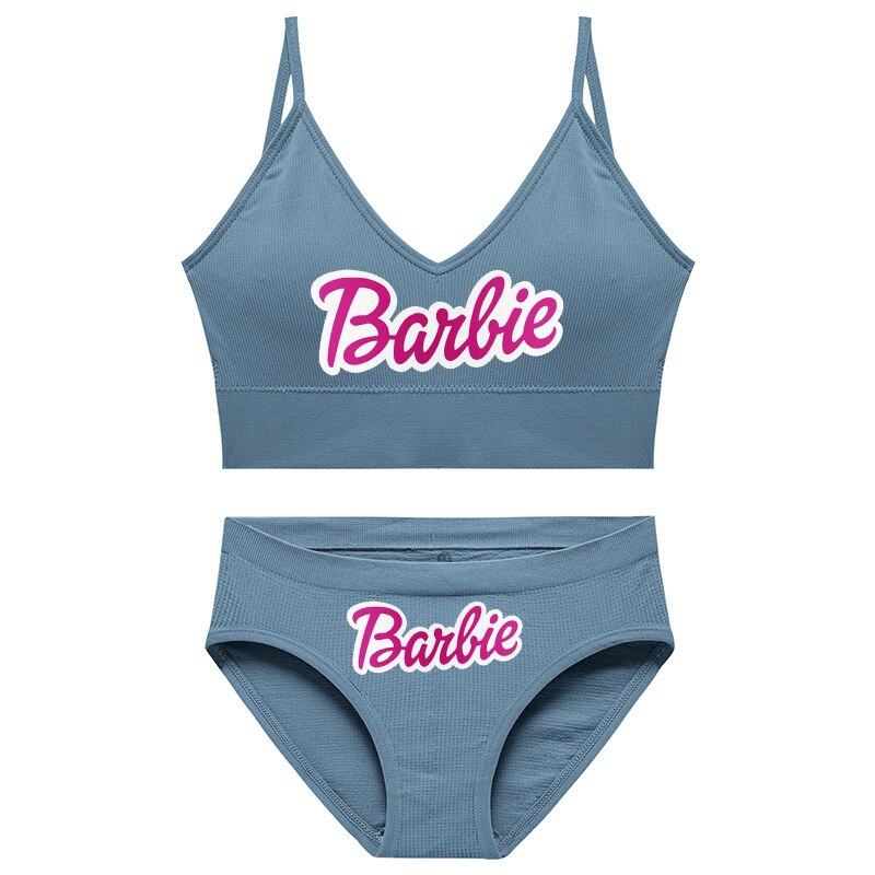 New 2Pcs/set Barbie Underwear Set for Women Anime Kawaii Girl Soft No Steel Ring Sports Bra Seamless Briefs Underpants Intimates 16