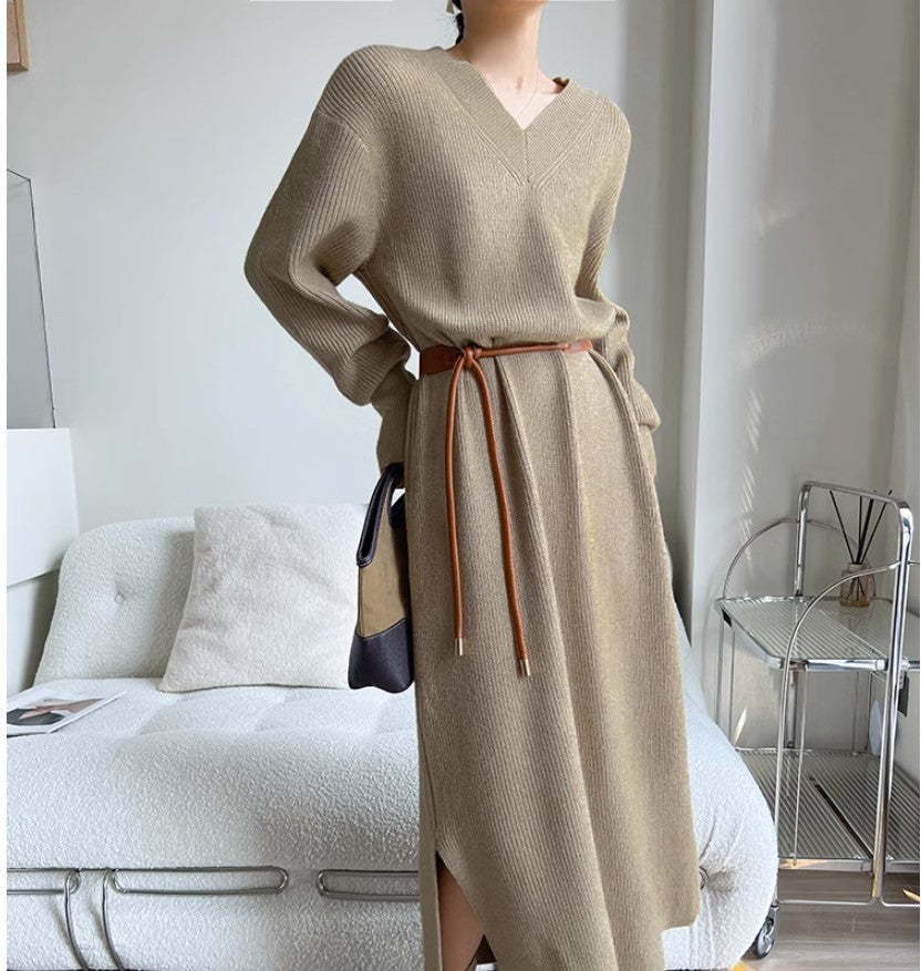 New Autumn Winter Women Knit Sweater Dress V-neck Loose Long Pullover Dress Lazy Temperament Robe Women One Piece Skirt Clothes Khaki