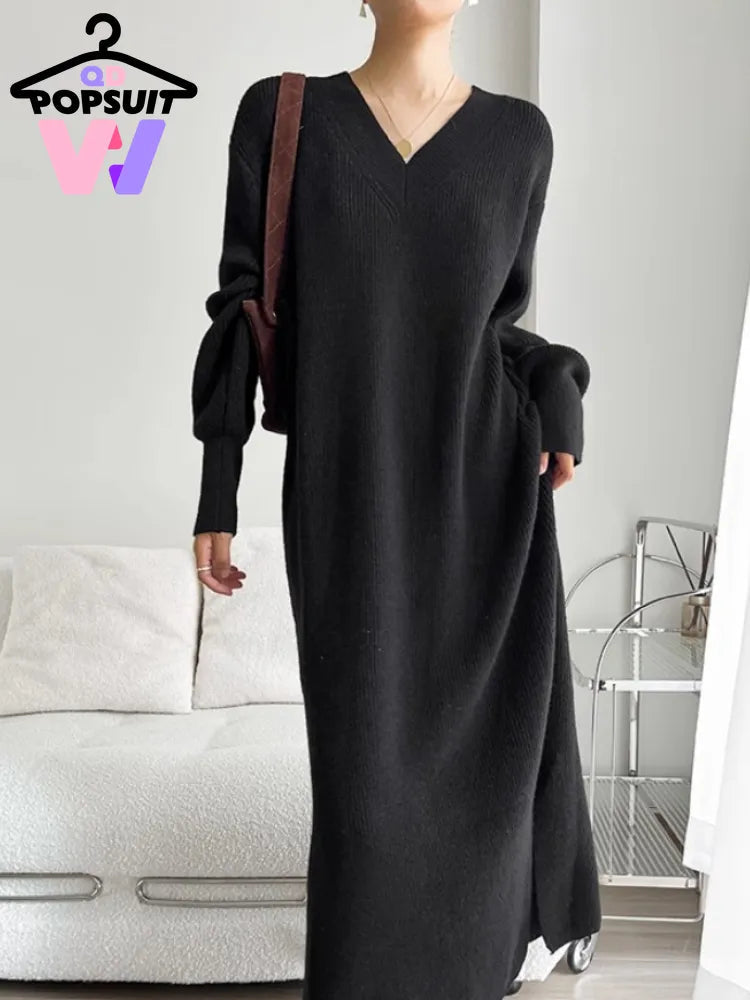 New Autumn Winter Women Knit Sweater Dress V-neck Loose Long Pullover Dress Lazy Temperament Robe Women One Piece Skirt Clothes