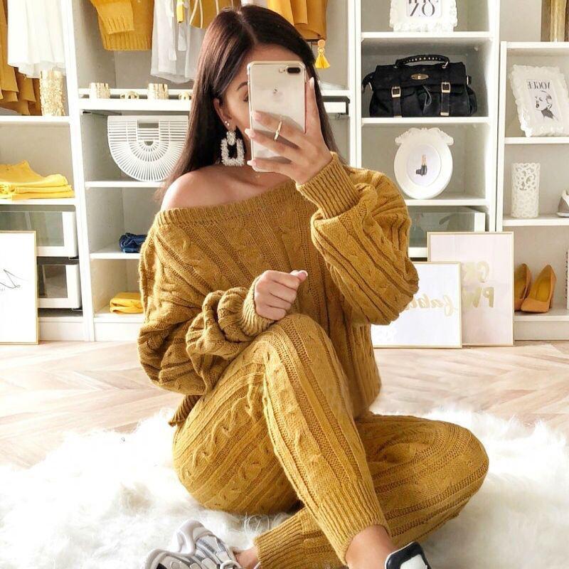 New Autumn Winter Women Knitted Tracksuit Two Piece Set Female Sweater Tops + Elastic Waist Pant Knitted Suit Women Outfits