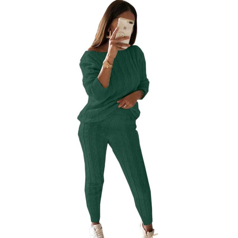 New Autumn Winter Women Knitted Tracksuit Two Piece Set Female Sweater Tops + Elastic Waist Pant Knitted Suit Women Outfits Green TZ135