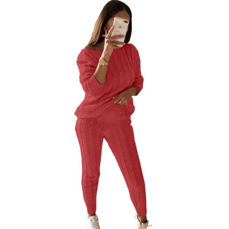 New Autumn Winter Women Knitted Tracksuit Two Piece Set Female Sweater Tops + Elastic Waist Pant Knitted Suit Women Outfits Watermelon Red TZ135