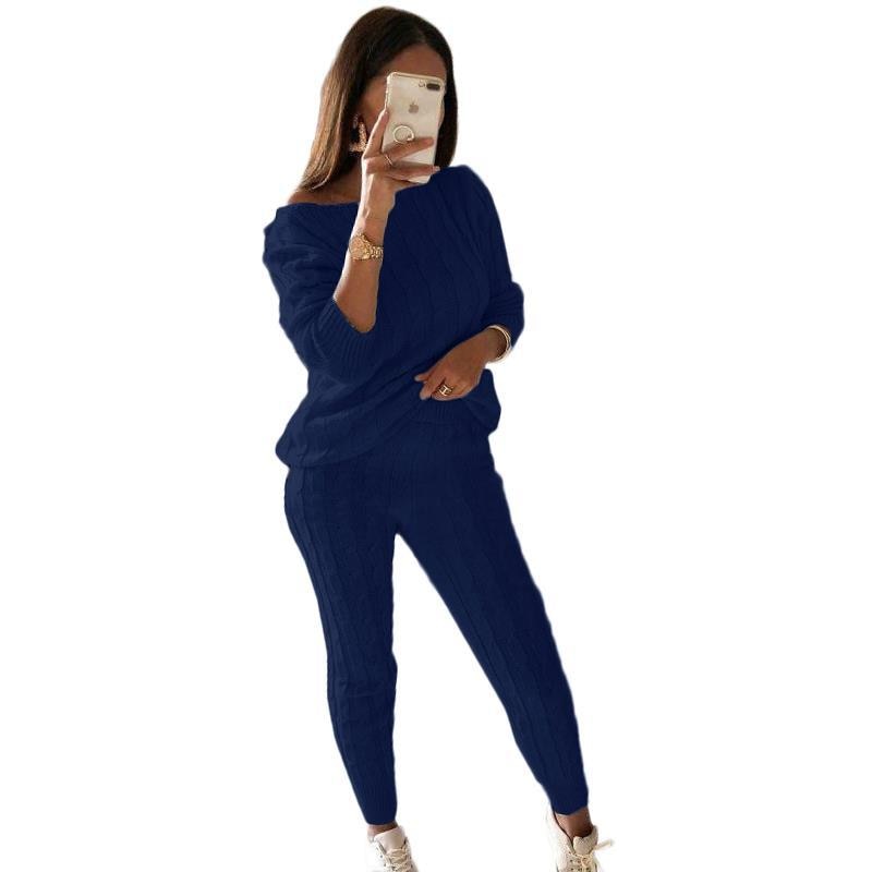 New Autumn Winter Women Knitted Tracksuit Two Piece Set Female Sweater Tops + Elastic Waist Pant Knitted Suit Women Outfits Blue TZ135