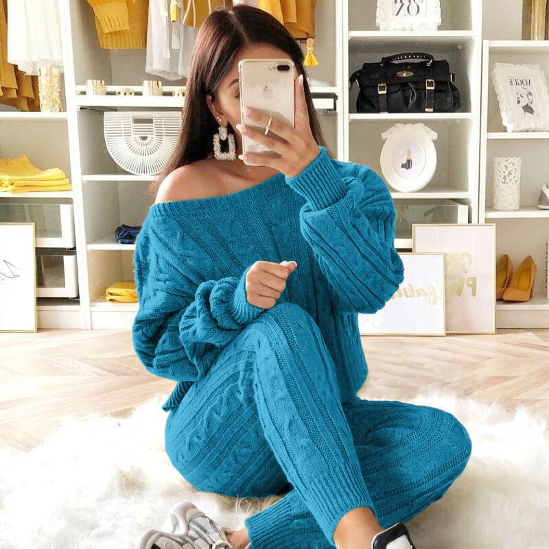 New Autumn Winter Women Knitted Tracksuit Two Piece Set Female Sweater Tops + Elastic Waist Pant Knitted Suit Women Outfits