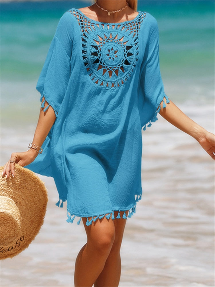 New Beach Cover Up - Knitted Sunflower Beach Wear Solid Fringe Tunic Ladies White Bathing Suit Cover-ups Bikini Ups Blue One Size