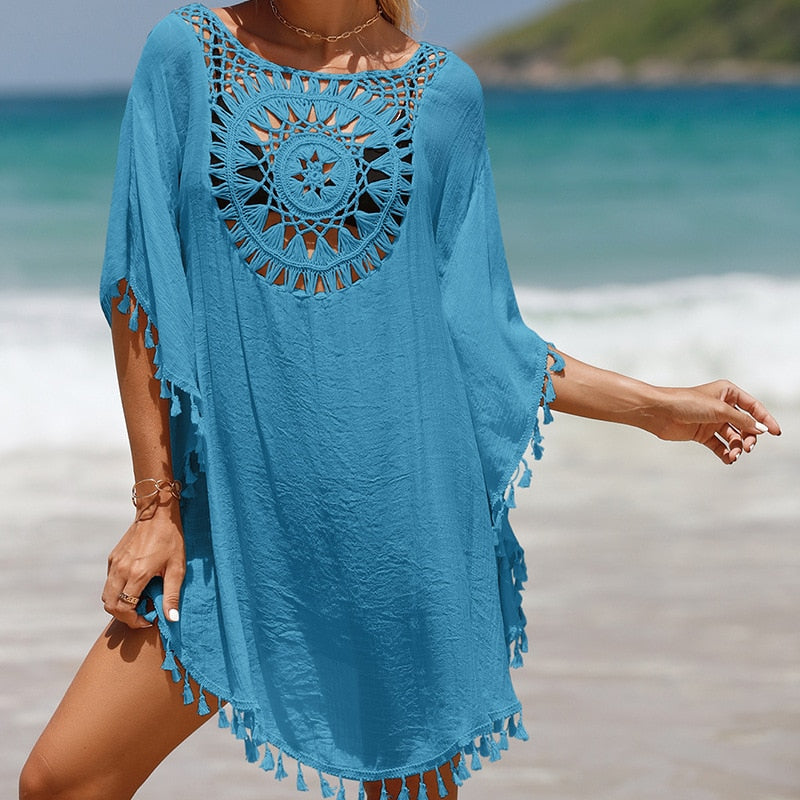New Beach Cover Up - Knitted Sunflower Beach Wear Solid Fringe Tunic Ladies White Bathing Suit Cover-ups Bikini Ups