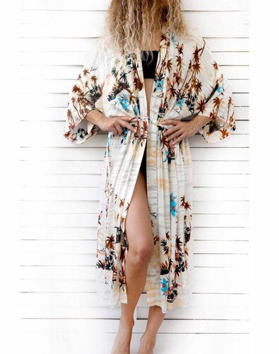 New Beach Cover Up Print Plus Size Kimonos Pareos Beachwear Swimsuit Cover Up Women Summer Dress Kaftan Robe Tunics for Beach Beige One Size