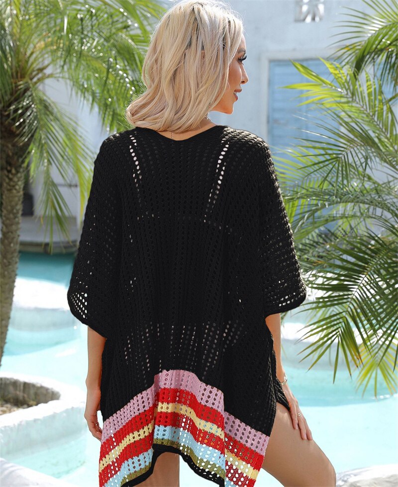 New Beach Cover Ups for Swimwear Stripped Beachwear - White Split Knit Pink Cover Up Summer Sun Dress on The Sea Cape